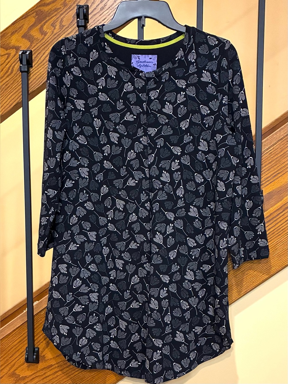 Gudrun Sjoren Dress Lightweight Button long Sleeve A- Line Black Floral SZ. SM